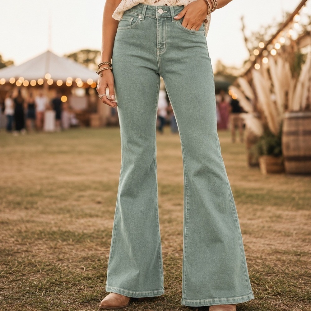 Garage Denim Womens Sage Green Low Rise Flare Jeans Size 3 Stretch Bell Bottoms